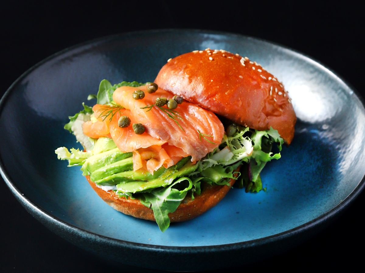 Smoked Salmon Avocado on Brioche Bun with Dill Sour Cream